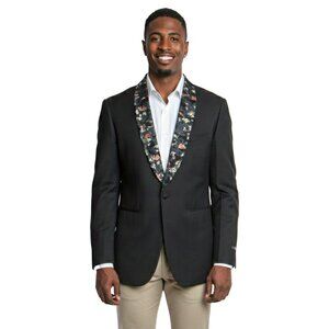 Tazio Mens Jacket Blazer w/ Floral Patterned Shawl Collar, Black